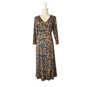 Sahalie Fit & Flare 3/4 Sleeve Floral Midi Dress Size M Cottagecore Peasant